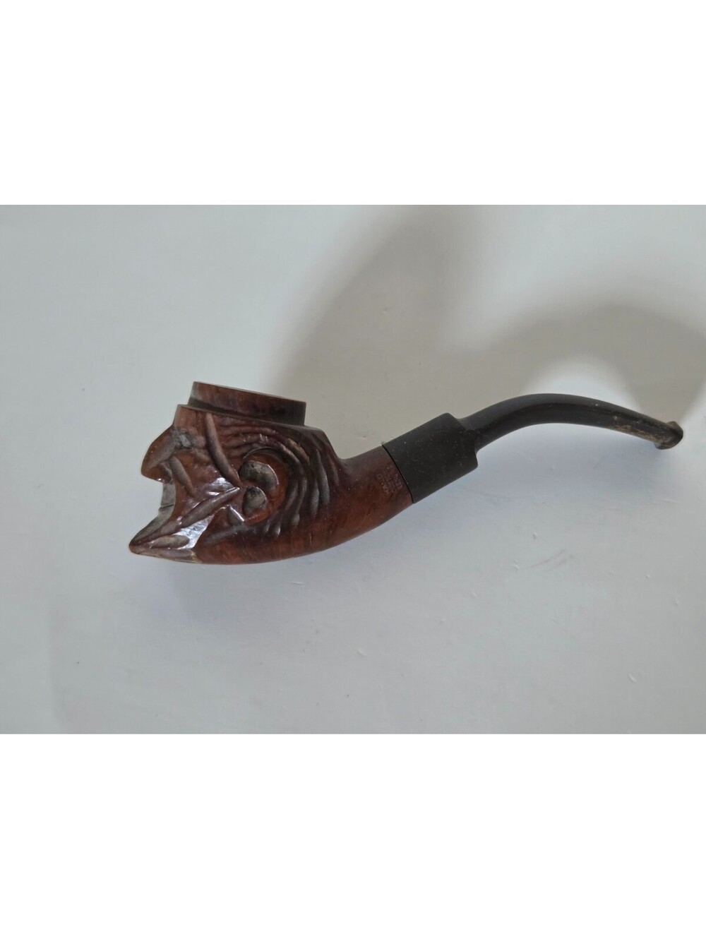 Handmade Carved Briar Tobacco Pipe With Face Design And Curved Stem